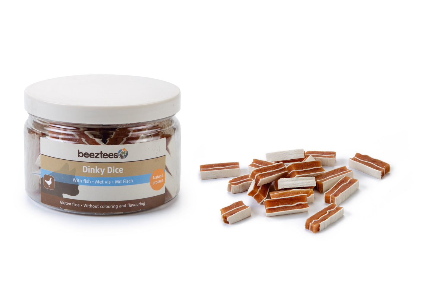 Beeztees Dinky Dice is een ware delicatesse voor jouw kat. Dit natuurlijke product bevat kip met vis, is glutenvrij en bevat geen kleur- en smaakstoffen. De stukjes kip kunnen worden gegeven als beloning of gewoon als tussendoortje. Deze snack zit in een handig potje, die afsluitbaar is. Inhoud: 90 gram