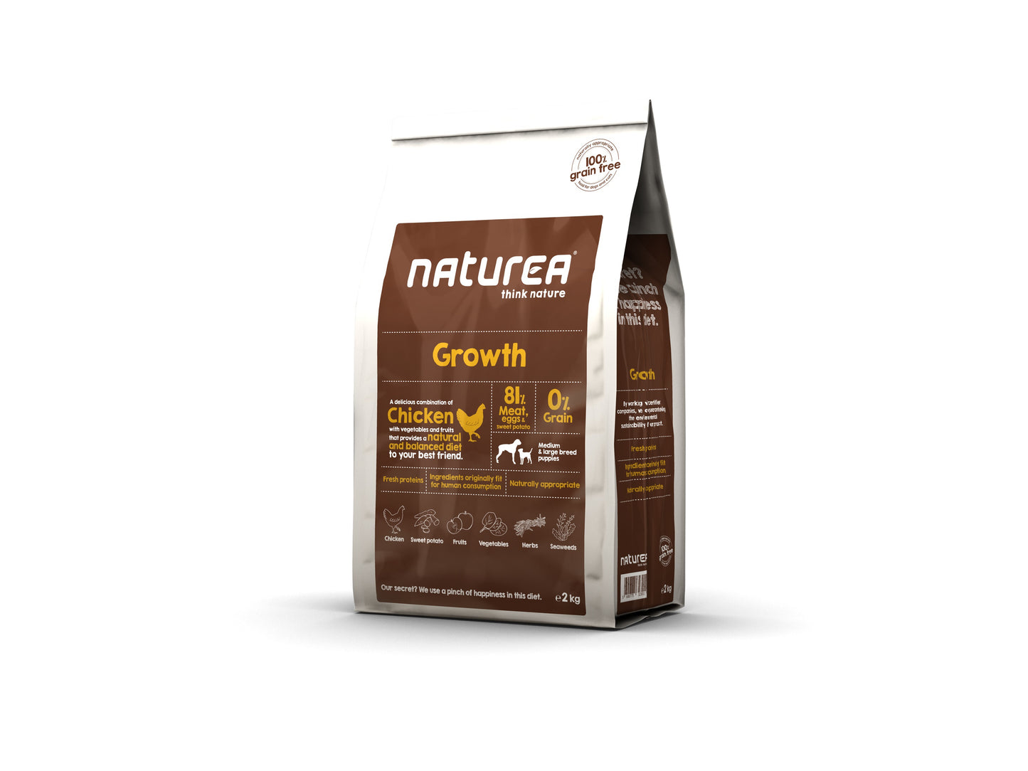 Het mitochondriaal DNA van honden en wolven verschilt slechts met 0,2%. Naturea Growth is ontwikkeld door dierenartsen en voedingsdeskundigen om te voldoen aan de voedingsbehoeften van opgroeiende puppy's van alle rassen en maten. Naturea Growth volgt het Naturally Suited-concept en vervult de voedingsbehoeften van uw kleine carnivoor. Ongeveer 63% van de ingrediënten van Naturea Growth zijn van dierlijke oorsprong, verrijkt met zoete aardappel, eieren, fruit, groenten, aromatische kruiden en zeewier.