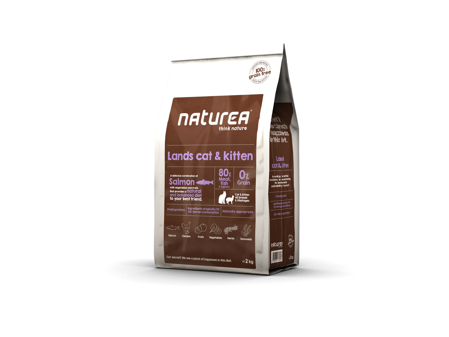 Naturea Lands Cat & Kitten is gemaakt door dierenartsen en voedingsdeskundigen volgens het Naturally Suited-concept en is geschikt voor het voeden van alle soorten katten, van alle leeftijden. Naturea Lands Cat & Kitten bevat geen koolhydraten, bevat ingrediënten die zijn goedgekeurd voor menselijke consumptie en bevat 75% ingrediënten van dierlijke oorsprong, namelijk konijn, kip, zalm en haring. Andere ingrediënten in dit dieet zijn tapioca, kippenvet, zoete aardappel, tomaat en zeewier.