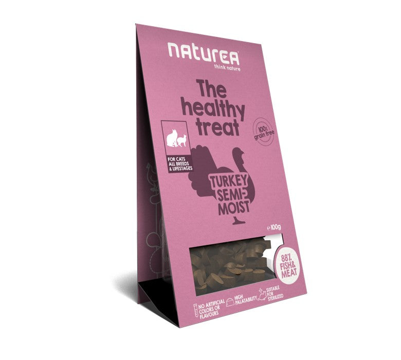 Door kalkoenvlees te gebruiken, hebben we de smaak van deze traktatie verrijkt. Omdat katten dieren zijn met een gevoelige smaak, hebben we andere ingrediënten toegevoegd, waaronder zeewier rijk aan Omega 3 en Omega 6, die dit recept een gezonde aanvulling geven, vol van smaak voor onze katten.