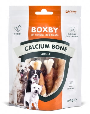 Boxby calciumbotten zijn kleine botten gemaakt van kip, verrijkt met calcium. De calciumbotten zijn glutenvrije en magere hondensnacks.