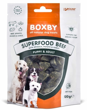 Het Boxby Superfood-assortiment is speciaal ontwikkeld om een goed uitgebalanceerd dieet zo goed mogelijk aan te vullen. Boxby Superfoods zijn rijk aan vlees, groenten en fruit of kruiden. De Boxby Superfood Rundvlees-Spinazie-Knoflook is ontwikkeld om het immuunsysteem te ondersteunen en heeft een anti vlooien effect.